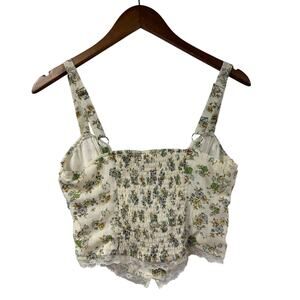 Bacio Beige Floral Crop Tank Small Ruched Tie Front Cottage Coquette Peasant